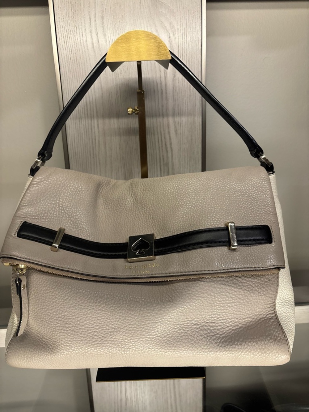 kate spade Neutral Pebbled Leather Shoulder Bag with Black Trim